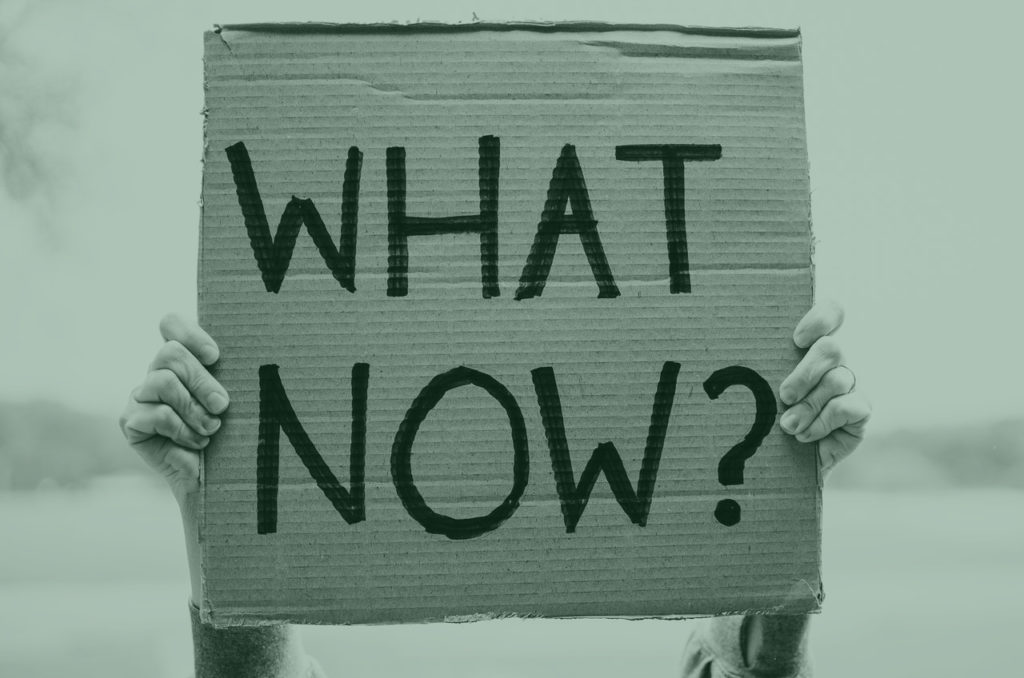 cardboard sign that says "now what?"